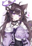  1girl :o ahoge bell black_dress blush brown_hair cat_girl collar detached_sleeves dress fur-trimmed_sleeves fur_trim hair_ornament hairclip halo heart heart-shaped_pupils hezi_(measukivov) highres jingle_bell long_hair looking_at_viewer original purple_eyes purple_halo sidelocks sleeves_past_fingers sleeves_past_wrists solo symbol-shaped_pupils 