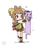  !? 1girl :< :o animal animalization arrow_(symbol) backpack_basket bag bead_necklace beads bell bloomers blunt_bangs blush boots bow bow-shaped_hair braid brown_dress brown_eyes brown_hair cat chinese_clothes coin_hair_ornament commentary_request double-parted_bangs dress fur-trimmed_boots fur_trim genshin_impact gradient_sleeves green_jacket hair_bell hair_ornament hat highres holding holding_animal holding_cat jacket jewelry jingle_bell long_sleeves longcat_(meme) medium_hair meme necklace ofuda ofuda_on_head oooma_155 open_mouth puffy_long_sleeves puffy_sleeves purple_cat purple_hat qingdai_guanmao qiqi_(genshin_impact) red_bow sidelocks simple_background solo standing tassel white_background white_bloomers white_boots yaoyao_(genshin_impact) yuegui_(genshin_impact) 