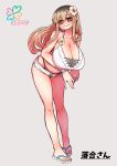  1girl @_@ \||/ bare_shoulders bikini black_bikini black_hair blonde_hair breasts brown_eyes character_name cleavage closed_mouth collarbone commentary_request contrapposto double_bikini flower full_body grey_background hair_flower hair_ornament highres huge_breasts jewelry kinjo_no_hito_no_nakimushi leaning_forward long_hair looking_at_viewer micro_shorts multicolored_hair nail_polish ochiai_(kinjo_no_hito_no_nakimushi) official_art ring roots_(hair) sandals shorts simple_background smile solo swimsuit toenail_polish toenails very_long_hair white_bikini white_nails zyugoya 