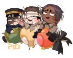  3boys anger_vein bandaged_head bandages black_boots black_hair black_ribbon blue_coat blush_stickers boots brown_cloak brown_coat brown_gloves brown_hair buttons cloak coat commentary_request dango dark-skinned_male dark_skin dot_nose double-breasted facial_hair food gloves goatee_stubble golden_kamuy hair_slicked_back hat highres holding holding_scissors kepi koito_otonoshin looking_down looking_up ma9l4raa male_focus military_hat military_uniform multiple_boys ogata_hyakunosuke open_mouth peaked_cap ribbon scar scar_on_cheek scar_on_face scissors sharp_teeth short_hair simple_background star_(symbol) stubble sweat teeth tsukishima_hajime wagashi white_background 