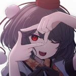  1girl black_bow black_bowtie black_hair bow bowtie commentary hat highres looking_at_viewer medium_hair modokith one_eye_closed open_mouth pom_pom_(clothes) puffy_short_sleeves puffy_sleeves red_eyes red_hat shameimaru_aya short_sleeves simple_background solo tokin_hat touhou upper_body white_background 
