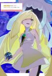  1girl 7wszt absurdres beast_ball blonde_hair blunt_bangs cowboy_shot dress green_eyes highres holding holding_poke_ball long_hair looking_up lusamine_(pokemon) nihilego open_mouth out_of_frame outside_border poke_ball pokemon pokemon_(creature) pokemon_sun_and_moon purple_background sleeveless sleeveless_dress solo swept_bangs tentacles very_long_hair white_dress 
