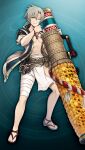 1boy abs aqua_background artist_request bandaged_leg bandages cannon coat full_body game_asset green_eyes grey_hair grimms_notes hands_up holding holding_cannon looking_at_viewer low_ponytail male_focus medium_hair non-web_source official_art one_eye_closed open_clothes open_coat parody pectorals ponytail sandals short_ponytail smile solo style_parody tao_(grimms_notes) tao_(natsu)_(grimms_notes) teeth toned toned_male 