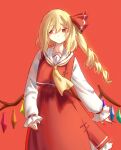 1girl absurdres ascot blonde_hair closed_mouth collared_shirt commentary crystal crystal_wings drill_hair english_commentary eyes_visible_through_hair fingernails flandre_scarlet frilled_skirt frills highres long_fingernails missing_headwear multicolored_wings neat_ad4816 one_side_up pointy_ears red_background red_eyes red_nails red_skirt red_vest sharp_fingernails shirt simple_background skirt skirt_set slit_pupils solo touhou vest white_shirt wings yellow_ascot 