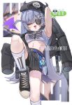  1girl absurdres alternate_costume arm_behind_head armpits belt black_hat black_jacket black_shoes black_skirt blue_belt blue_eyes blue_streaks blush bone_hair_ornament chain character_name commentary cropped_shirt doom_yorusen eyepatch grey_hair hair_between_eyes hair_ornament hairclip hat highres horned_hat jacket jacket_partially_removed lock long_hair looking_at_viewer midriff multicolored_hair navel navel_piercing piercing pleated_skirt shirt shoes short_twintails simple_background skeleton_print skirt skull sleeves_past_fingers sleeves_past_wrists slit_pupils sneakers socks solo speech_bubble standing streaked_hair twintails untranslatable_commentary virtual_youtuber vspo! white_background white_shirt white_socks yano_kuromu 