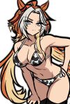  1girl aggytachyon animal_ears animal_print arm_behind_back bare_shoulders bikini blue_eyes breasts commentary cow_print english_commentary hand_on_own_knee horse_ears horse_girl horse_tail medium_breasts multicolored_hair orange_hair orfevre_(umamusume) panties solo swimsuit tail thigh_gap thighhighs thighs umamusume underwear white_background white_hair 