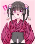  !? 1girl arrow_(symbol) blunt_bangs blunt_ends blush bow braid braided_twintails commentary_request cowboy_shot embarrassed hair_bow highres japanese_clothes kimono long_sidelocks long_sleeves looking_at_viewer navel neiura open_mouth pink_background pink_bow pink_eyes purple_kimono senki_zesshou_symphogear sidelocks simple_background solo stomach tareme tsukuyomi_shirabe twintails twitter_username upper_body watermark wide_sleeves x-ray 