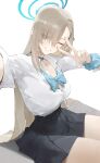  1girl asuna_(blue_archive) asuna_(school_uniform)_(blue_archive) black_skirt blonde_hair blue_archive blue_bow blue_bowtie blue_eyes blue_halo blush bow bowtie breasts choker collarbone commentary eyes_visible_through_hair grin hair_over_one_eye halo highres large_breasts long_hair mole mole_on_breast official_alternate_costume one_eye_closed pleated_skirt scrunchie selfie shirt sitting skirt sleeves_rolled_up smile solo thighs v very_long_hair white_shirt wrist_scrunchie yidh_79 