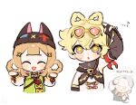  ...? 3girls :d :o ^_^ alternate_hairstyle animal_hat arm_up bandana bandana_around_arm bandana_around_neck beanie black_bandana black_gloves black_hat black_sleeves blonde_hair blunt_bangs blush bow bow-shaped_hair braid braided_hair_rings brown_hair chinese_clothes closed_eyes commentary_request cross-laced_clothes cross-laced_sleeves detached_sleeves double-parted_bangs fingerless_gloves genshin_impact glasses gloves goggles goggles_on_head gradient_sleeves green_jacket grey_hair hair_bun hair_rings hairstyle_switch hands_up hat highres jacket jahoda_(genshin_impact) leotard long_sleeves madame_ping_(genshin_impact) medium_hair multiple_girls old old_woman oooma_155 open_mouth pink-tinted_eyewear red_bandana red_bow short_eyebrows sidelocks simple_background single_hair_bun smile star-shaped_pupils star_(symbol) sweatdrop symbol-shaped_pupils thumbs_up tinted_eyewear translation_request upper_body white_background white_leotard yaoyao_(genshin_impact) yellow_eyes 