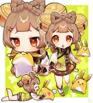  >_< 1girl :o ^_^ bag bell bloomers blunt_bangs blush boots border bow bow-shaped_hair braid brown_dress brown_eyes brown_hair chinese_clothes closed_eyes commentary_request double-parted_bangs dress eyelashes from_above fur-trimmed_boots fur_trim genshin_impact gradient_sleeves green_background green_jacket hair_bell hair_ornament highres jacket jingle_bell long_sleeves looking_at_viewer lying medium_hair multiple_views on_stomach oooma_155 open_mouth orange_bow outside_border puffy_long_sleeves puffy_sleeves raised_eyebrows short_eyebrows sidelocks smile standing stuffed_animal stuffed_rabbit stuffed_toy tassel upper_body white_bloomers white_boots white_border yaoyao_(genshin_impact) yuegui_(genshin_impact) 