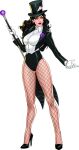  1girl absurdres black_hair black_leotard black_tailcoat blue_eyes bow bowtie breasts dc:_dark_legion dc_comics fishnet_leotard fishnet_pantyhose fishnets gloves hat highres jacket justice_league large_breasts leotard long_hair magician magician's_wand official_art pantyhose shirt solo top_hat transparent_background white_gloves zatanna_zatara 