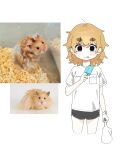  1girl :p absurdres bag black_eyes blonde_hair blush breast_pocket chi-iz cropped_legs dolphin_shorts food hamster hamster_girl highres looking_at_viewer original photo_inset plastic_bag pocket popsicle shirt shorts solo thick_eyebrows tongue tongue_out watch white_shirt wristwatch 