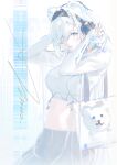  1girl absurdres alternate_costume animal_ears arknights aurora_(arknights) bag bear_ears bear_girl blue_eyes breasts chinese_commentary commentary_request cowboy_shot cropped_hoodie dated extra_ears eyes_visible_through_hair from_side grey_hair hair_over_one_eye hand_on_headphones hands_up headphones highres hood hood_down hoodie large_breasts long_hair looking_at_viewer looking_to_the_side midriff one_eye_covered pants parted_bangs parted_lips signature sleeves_past_wrists solo tote_bag yoga_pants yomi_tamashi 