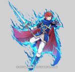  1boy armor binding_blade_(weapon) blue_armor blue_aura blue_boots blue_cape blue_eyes blue_gloves blue_tunic boots cape closed_mouth commentary_request emblem_(fire_emblem_engage) fighting_stance fingerless_gloves fire_emblem fire_emblem:_the_binding_blade fire_emblem_engage fire_emblem_heroes gloves headband holding holding_sword holding_weapon kuroi_susumu looking_at_viewer male_focus official_art pants red_cape red_hair roy_(fire_emblem) short_hair shoulder_armor sword tunic weapon white_pants 
