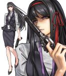  1girl akemi_homura alternate_costume black_hair black_shoes black_skirt black_vest chinese_commentary commentary_request full_body gun hairband hand_up highres holding holding_gun holding_weapon knees_together_feet_apart lanyard long_hair mahou_shoujo_madoka_magica mahou_shoujo_madoka_magica_(anime) multiple_views office_lady ouqimanman126 purple_eyes red_hairband shirt shoes simple_background skirt standing taller_than_canon turtleneck turtleneck_shirt vest weapon white_background white_shirt 