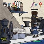  1girl asymmetrical_hair black_capelet black_hat black_skirt boots bottle bow brown_boots brown_hair capelet coffee_grinder commentary cup disposable_cup galm_x_lmr_(ryonasa) gameplay_mechanics gap_(touhou) hat hat_bow health_bar highres indoors kitchen mini_person minigirl object_request open_mouth red_eyes shirt shirt_tucked_in skirt solo standing touhou usami_renko white_bow white_shirt 