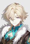  1boy absurdres aqua_shirt artist_name aventurine_(honkai:_star_rail) belt belt_collar black_belt cleavage_cutout closed_mouth clothing_cutout collar commentary_request earrings eyes_visible_through_hair fur_trim hair_between_eyes half-closed_eyes heart_cutout highres honkai:_star_rail honkai_(series) jewelry looking_at_viewer male_focus neck_tattoo parted_bangs purple_eyes shirt short_hair simple_background single_earring smile solo sun_lythrum tattoo white_background 