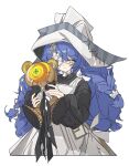  1girl absurdres aigis_(morimens) blue_hair commentary english_commentary eyepatch hat highres holding holding_stuffed_toy kyorenagi_ovo long_hair long_sleeves looking_at_viewer morimens multicolored_eyes ringed_eyes simple_background solo stuffed_animal stuffed_toy teddy_bear white_background white_hat 