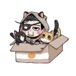  1boy animal_collar animal_ears animal_hands black_eyes black_hair blush_stickers box brown_cloak cardboard_box cat cat_ears cat_tail cloak closed_mouth collar commentary_request eyepatch facial_hair goatee_stubble golden_kamuy hair_slicked_back in_box in_container loose_hair_strand ma9l4raa male_focus ogata_hyakunosuke open_box paw_print scar scar_on_cheek scar_on_face short_hair simple_background solid_eyes stubble tail white_background 
