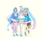  3girls ankle_boots aokaze_nana aqua_bow aqua_bowtie armband blue_boots blue_bow blue_cape blue_choker blue_crown blue_dress blue_hair blue_hairband blue_ribbon blue_shoes boots bow bowtie brooch cape choker closed_eyes closed_mouth commentary crossed_arms crown crown_earrings cure_nyammy cure_sky cure_wink cut_bangs detached_collar detached_sleeves dress dress_bow earrings elbow_gloves fingerless_gloves frilled_armband frilled_dress frilled_thighhighs frills fringe_trim frown gloves gradient_hair grey_hair hair_bow hair_bun hair_ornament hair_ribbon hairband half_gloves heart heart_hair_bun high_heels highres hirogaru_sky!_precure in-franchise_crossover jewelry kimi_to_idol_precure long_hair looking_at_another magical_girl medium_dress mini_crown multicolored_hair multiple_girls nekoyashiki_yuki off-shoulder_dress off_shoulder open_mouth pact_holder pink_bow pink_hair pointed_crown pointing pointing_at_another precure puffy_detached_sleeves puffy_sleeves purple_eyes purple_hair red_cape ribbon shoes showgirl_skirt side-by-side simple_background single_earring single_sidelock sleeveless sleeveless_dress smile sora_harewataru standing straight_hair streaked_hair thigh_strap thighhighs twintails two-sided_cape two-sided_fabric two-tone_dress two-tone_hair very_long_hair white_background white_boots white_dress white_gloves white_hairband white_thighhighs wing_brooch wing_hair_ornament wonderful_precure! wrist_cuffs yuu13 