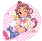  1girl animal_ears asymmetrical_legwear banana banana_hair_ornament bananafryapple bandaid bandaid_on_face bandaid_on_leg bandaid_on_thigh bangs_pinned_back blue_leg_warmers blue_sailor_collar blush bow brown_eyes brown_hair cardigan character_name double_horizontal_stripe food food-themed_hair_ornament fruit full_body hair_bow hair_ornament highres kiiro_(bananafryapple) leg_warmers looking_at_viewer low_twintails monkey_ears monkey_girl monkey_tail open_mouth original pink_bow polka_dot sailor_collar shoes sitting smiley_face solo star_(symbol) swimsuit swimsuit_under_clothes tail tail_bow tail_ornament tan tanlines thick_eyebrows thighhighs twintails uneven_legwear uwabaki white_thighhighs 