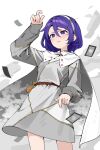  1girl ability_card_(touhou) alternate_color blush cape closed_mouth commentary_request dress grey_cape grey_dress grey_hairband hairband highres kanpa_(campagne_9) long_sleeves medium_hair pointing pointing_down pointing_up purple_eyes purple_hair sky_print solo tearing_up tenkyuu_chimata tenkyuu_chimata_pose touhou 