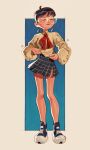  1girl ^_^ absurdres adjusting_shirt ahoge black_hair brown_shirt closed_eyes closed_mouth commentary earrings english_commentary friedbaens full_body glasses grey_skirt highres jewelry miniskirt neckerchief original plaid_clothes plaid_skirt red_neckerchief rimless_eyewear round_eyewear shirt shoes short_hair side_slit skirt smile sneakers solo standing 