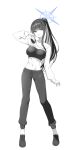  1girl abs absurdres bandeau belly black_bandeau black_hair black_pants blue_archive blue_halo blunt_bangs breasts colored_inner_hair commentary_request grin halo high_ponytail highres inui_kentarou large_breasts looking_at_viewer monochrome multicolored_hair navel pants ponytail saori_(blue_archive) shoes shrug_(clothing) sidelocks simple_background smile sneakers solo standing thai_commentary white_background white_shrug 