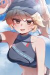  animal_ears bare_shoulders baseball_cap blonde_hair blush breasts brown_eyes commentary_request crop_top dainamen556 detached_sleeves earrings facial_mark fox_ears hat highres hot jewelry kiriko_(overwatch) looking_at_viewer medium_breasts midriff official_alternate_costume overwatch pants ponytail single_detached_sleeve single_earring streetwear_kiriko sweat 