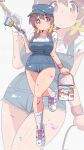  1girl :/ alternate_costume artist_name bambi2000line breasts brown_eyes brown_hair commentary cutoffs full_body gloves hat highres holding holding_paintbrush long_hair looking_at_viewer low_twintails medium_breasts multicolored_hair murosaki_miyo onii-chan_wa_oshimai! overall_shorts overalls paint_can paint_on_body paint_on_clothes paint_splatter paintbrush red_hair shirt shoes short_shorts short_sleeves shorts simple_background sneakers socks solo thighs twintails two-tone_hair white_background white_gloves white_shirt white_socks wristband zoom_layer 