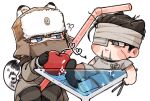  2boys animal_ears bandaged_head bandages black_gloves black_hair blue_eyes brown_coat brown_hair brown_hat brown_pants cat_ears cat_tail coat cocktail_glass commentary_request cup drinking_glass drinking_straw eyepatch fur-trimmed_headwear fur_trim gloves golden_kamuy grey_eyes hair_slicked_back hat holding holding_scissors hospital_gown looking_at_another loose_hair_strand ma9l4raa male_focus mask medical_eyepatch mouth_mask multiple_boys ogata_hyakunosuke pants scar scar_on_cheek scar_on_face scissors short_hair simple_background snow_leopard_ears snow_leopard_tail tail vasily_(golden_kamuy) white_background 