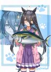  1girl absurdres ahoge animal animal_ears black_hair blush cardigan closed_mouth commentary_request ear_tag earrings fish gentiano815 hair_between_eyes highres holding holding_animal holding_fish horse_ears horse_girl horse_tail jewelry long_bangs long_hair long_hair_between_eyes long_sleeves looking_at_viewer manhattan_cafe_(umamusume) manhattan_cafe_holding_a_fish_(meme) meme multicolored_hair open_cardigan open_clothes paw_print paw_print_background pink_cardigan pleated_skirt purple_sailor_collar purple_serafuku purple_shirt purple_skirt sailor_collar sailor_shirt school_uniform serafuku shirt single_earring skirt smile solo sparkle tail tracen_school_uniform tuna umamusume very_long_hair white_hair yellow_eyes zoom_layer 