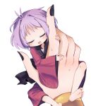  2girls antenna_hair barefoot black_nails blush closed_eyes commentary_request female_pov fingernails full_body highres hugging_finger japanese_clothes kijin_seija kimono kiwi_(x_x915) long_sleeves mini_person minigirl multiple_girls open_mouth pov pov_hands purple_hair red_kimono short_hair simple_background smile solo_focus sukuna_shinmyoumaru touhou white_background wide_sleeves 