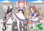  3girls absurdres animal_ears arms_up bag blue_flower blue_hat blue_rose blush bow bowtie breasts brown_hair brown_shoes candy carrot closed_eyes commentary_request ear_bow ear_covers ear_ribbon flipped_hair flower food green_bow hair_over_one_eye hairband haru_urara_(umamusume) hat hat_flower headband highres horse_ears horse_girl horse_tail king_halo_(umamusume) lollipop long_hair multiple_girls open_mouth pink_hair pink_headband pleated_skirt puffy_short_sleeves puffy_sleeves purple_bow purple_bowtie purple_shirt red_eyes red_headband rice_shower_(umamusume) rose sailor_collar sailor_shirt school_uniform shirt shoes short_sleeves skirt smile statue sunanuko_(ramuneko) swirl_lollipop tail teeth thighhighs tilted_headwear tracen_school_uniform umamusume upper_teeth_only white_sailor_collar white_skirt white_thighhighs 