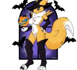  anthro bandai_namco black_sclera blue_eyes breasts canid canine claws clothed clothing digimon digimon_(species) digital_media_(artwork) fanathir female food fruit fur genitals halloween hand_on_hip hat headgear headwear holidays jack-o&#039;-lantern mammal nipples nude partially_clothed plant pumpkin pussy renamon simple_background solo white_body white_fur witch_costume witch_hat womb_tattoo yellow_body yellow_fur 