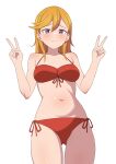  1girl absurdres bare_shoulders bikini blush breasts commentary_request double-parted_bangs double_v front-tie_bikini_top front-tie_top goa1126 hair_between_eyes hands_up highres long_hair looking_at_viewer love_live! love_live!_superstar!! medium_breasts navel orange_hair purple_eyes red_bikini shibuya_kanon side-tie_bikini_bottom simple_background solo stomach swimsuit v white_background 