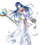  1girl bangs blue_eyes blue_hair bridal_gauntlets dress elice_(fire_emblem) fire_emblem fire_emblem:_mystery_of_the_emblem fire_emblem_heroes full_body gold_trim highres long_dress long_hair long_sleeves non-web_source official_art shiny shiny_hair solo transparent_background white_dress wide_sleeves 