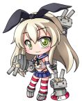  1girl bare_shoulders black_hairband black_neckerchief blonde_hair blue_sailor_collar blue_skirt blush boots bow_hairband chibi chibi_only closed_mouth commentary_request crop_top cropped_shirt double-parted_bangs elbow_gloves full_body gloves grey_boots hair_between_eyes hairband kantai_collection long_hair miniskirt neckerchief no_dickey panty_straps pleated_skirt red_thighhighs rensouhou-chan sailor_collar shimakaze_(kancolle) shinjitsu shirt simple_background skirt sleeveless sleeveless_shirt smile solo standing striped_clothes striped_thighhighs thighhighs white_background white_gloves white_shirt yellow_eyes zettai_ryouiki 