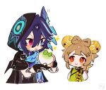  1boy 1girl :o animal_ear_fluff animal_ears arm_tattoo arms_behind_back backpack_basket bat_ears bell black_cape black_gloves black_shirt blue_eyes blue_scarf blue_streaks blunt_bangs blush blush_stickers bow-shaped_hair braid brown_hair cape chinese_clothes closed_mouth commentary_request cropped_torso double-parted_bangs facial_mark fingerless_gloves genshin_impact gloves green_jacket hair_bell hair_between_eyes hair_ornament hand_tattoo highres holding hood hood_up hooded_cape jacket jingle_bell long_sleeves looking_at_another medium_hair multicolored_hair oooma_155 open_mouth ororon_(genshin_impact) purple_eyes purple_hair purple_shirt radish scarf shirt sidelocks simple_background sleeveless sleeveless_shirt smile sparkle streaked_hair tattoo upper_body v-shaped_eyebrows white_background yaoyao_(genshin_impact) yuegui_(genshin_impact) 