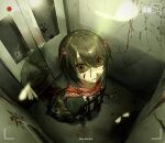  1boy 6kal_a battery_indicator black_hair black_jacket black_necktie blood blood_on_face blood_on_wall blood_trail bloody_handprints brown_eyes commentary crack cracked_wall elevator elevator_door from_above handprint implied_murder jacket looking_at_viewer male_focus mashiro_meme mashiro_meme_(1st_costume) necktie nijisanji recording red_scarf ringed_eyes safety_pin scarf shovel solo standing timestamp trap trash_bag two_side_up untranslatable_commentary virtual_youtuber 