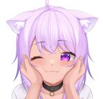  1girl absurdres ahoge animal_collar animal_ear_fluff animal_ears black_collar blush cat_ears cat_girl closed_mouth collar commentary_request crossed_bangs hands_on_another's_cheeks hands_on_another's_face highres hololive looking_at_viewer medium_hair nekomata_okayu one_eye_closed portrait pov pov_hands purple_eyes purple_hair ramkilog simple_background smile solo_focus virtual_youtuber white_background 