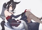 1girl ahoge animal_ears bare_shoulders black_flower black_hair black_pantyhose black_rose blush breasts chahiro choker commentary_request cup detached_sleeves dress ear_ornament flower frilled_cuffs frilled_veil hair_between_eyes hair_bun highres horse_ears horse_girl horse_tail lace-trimmed_choker lace_trim long_hair_between_eyes looking_at_viewer manhattan_cafe_(mysterious_rose)_(umamusume) manhattan_cafe_(umamusume) multicolored_hair official_alternate_costume pantyhose parted_lips red_nails ribbon rose see-through_clothes see-through_veil short_hair simple_background sitting small_breasts solo tail two-tone_flower umamusume veil white_dress white_ribbon yellow_eyes 