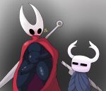  ambiguous_gender anthro arthropod balls black_body cape cloak clothing crossgender duo genitals hollow_knight horn hornet_(hollow_knight) humanoid male penis poraka7 protagonist_(hollow_knight) team_cherry thick_thighs vessel_(species) video_games weapon 