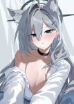  1girl absurdres ahoge animal_ear_fluff animal_ears aqua_eyes aqua_halo black_choker blue_archive breasts broken_halo choker cleavage collared_shirt commentary cross cross_hair_ornament evening_rabbit extra_ears grey_hair hair_between_eyes hair_ornament halo highres inverted_cross large_breasts long_hair looking_at_viewer mismatched_pupils parted_lips partially_open_shirt shiroko_terror_(blue_archive) shirt single_off_shoulder solo upper_body white_shirt wolf_ears wolf_girl 
