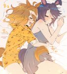  2girls =_= ahoge animal_ears animal_print arm_around_another's_waist armpit_crease bed_sheet blush brown_hair chemise closed_eyes closed_mouth commentary_request cowboy_shot crossed_bangs drawn_heart dress drooling embarrassed fang flying_sweatdrops front-to-back fuji_kiseki_(umamusume) grey_dress grey_hair hair_between_eyes hands_up head_on_pillow highres horse_ears horse_girl horse_tail hug hug_from_behind jungle_pocket_(umamusume) korean_commentary leopard_print light_frown lying m_a_r_o medium_hair mouth_drool multicolored_hair multiple_girls nose_blush on_side open_mouth pajamas parted_bangs pillow print_pajamas profile shirt short_dress short_hair short_sleeves shorts shoulder_blush sleeping sleeveless sleeveless_dress spooning streaked_hair sweat tail tail_wrap translation_request umamusume white_background white_streaks yellow_pajamas yellow_shirt yellow_shorts yuri zzz 