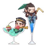  2boys beard black_shoes blue_eyes blue_jacket blue_kimono blue_pants brown_hair cocktail_umbrella commentary_request cup drink drinking_glass drinking_straw earrings facial_hair food fruit golden_kamuy hat jacket japanese_clothes jewelry kepi kimono kiroranke liquid long_hair ma9l4raa male_focus military_hat multiple_boys one_eye_closed pants partially_submerged peaked_cap scar scar_on_face scarf shoes short_hair simple_background sitting smoking_pipe star_(symbol) strawberry sugimoto_saichi white_background yellow_eyes yellow_scarf 