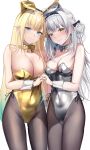  2girls absurdres aizawa_ema animal_ear_hairband animal_ears aqua_hair aqua_nails bare_shoulders black_bow black_hair black_hairband black_nails black_streaks blonde_hair blue_eyes blue_pupils blush bow bowtie braid breasts brown_pantyhose cat_earrings commentary_request covered_navel detached_collar diamond-shaped_pupils diamond_(shape) ear_piercing earrings fake_animal_ears frilled_hairband frills ginjo_saine gold_leotard gradient_hair grey_bow grey_bowtie grey_hair grey_leotard hair_bow hair_bun hair_flaps hairband highleg highleg_leotard highres holding_hands interlocked_fingers jewelry kairi_(miry666) large_breasts leotard light_smile long_hair looking_at_viewer medium_breasts mole mole_under_eye multicolored_hair multiple_girls nervous pantyhose piercing playboy_bunny rabbit_ear_hairband rabbit_ears side-tie_leotard side_braid silver_leotard spiked_hairband spikes standing strapless strapless_leotard streaked_hair symbol-shaped_pupils very_long_hair virtual_youtuber vspo! wrist_cuffs yellow_bow yellow_bowtie yellow_eyes yellow_leotard 