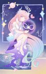  1girl absurdly_long_hair absurdres amphoreus_(honkai:_star_rail) bare_shoulders blue_flower blue_hair blue_rose breasts chinese_commentary commentary_request constellation cyrene_(demiurge)_(honkai:_star_rail) cyrene_(honkai:_star_rail) detached_sleeves dress dress_flower flower gradient_hair hair_flower hair_intakes hair_ornament heart high_heels highres honkai:_star_rail honkai_(series) infinity_symbol kuguaniangxuegao layered_dress leaf_hair_ornament long_hair multicolored_dress multicolored_hair neck_flower pink_flower pink_hair pink_rose pisces_(constellation) planet planetary_ring pointy_ears purple_eyes purple_flower purple_rose ripples rose smile solo sparkle very_long_hair white_dress white_sleeves 