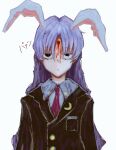  1girl animal_ears arms_at_sides black_eyes black_suit blood blood_from_forehead blood_on_face closed_mouth collared_shirt commentary_request crescent crescent_pin eb63390 facing_viewer gunshot_wound headshot jitome light_frown long_hair necktie parted_bangs purple_hair rabbit_ears rabbit_girl red_necktie reisen_udongein_inaba shirt simple_background solo straight-on suit touhou translation_request upper_body upturned_eyes white_background 