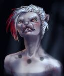  anthro black_spots bust_portrait ear_piercing eyelashes fangs female front_view grey_body hair hi_res himeragoldtail looking_at_viewer multicolored_hair nude open_mouth piercing portrait red_eyes red_hair simple_background solo species_request spots two_tone_hair white_hair 